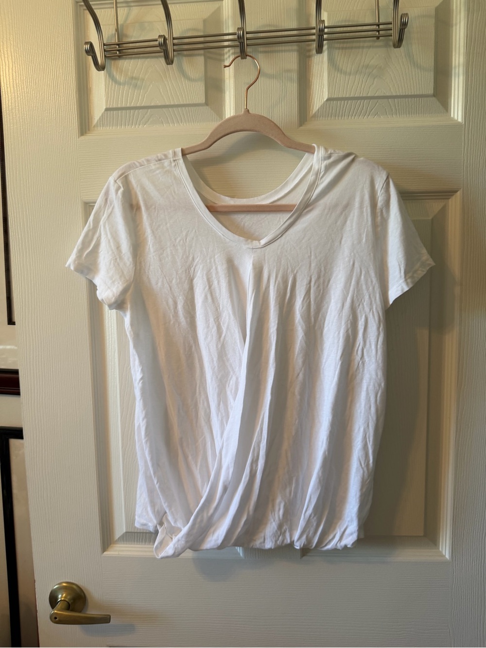Women’s White Short-Sleeve V-Neck Tee with Gathered Hem